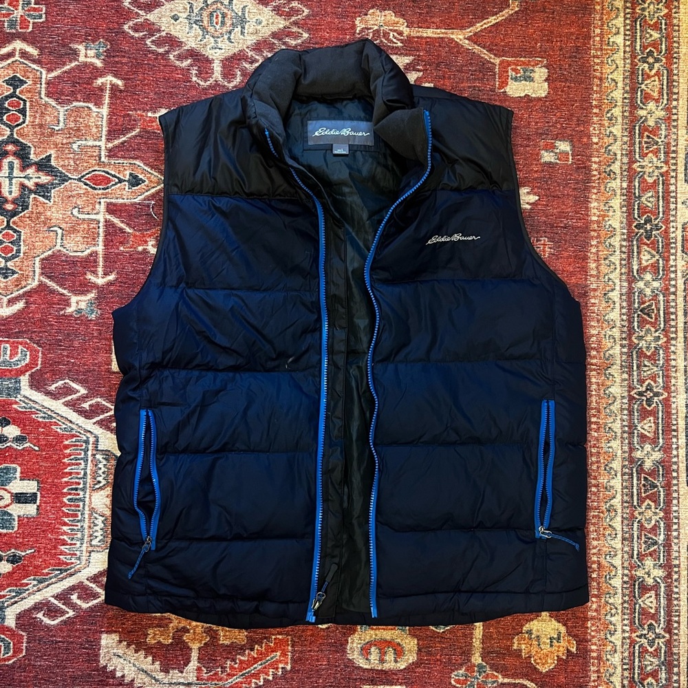 Eddie Bauer Men's Black Vest with Blue Zipper Accents